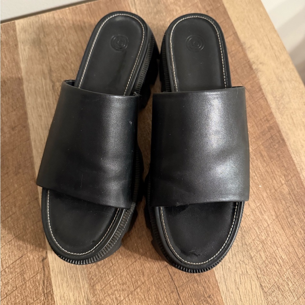 Black Leather Slide Sandals